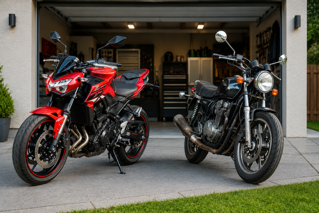 Dva motocykle zaparkované v garáži – porovnanie nového a staršieho stroja pred výberom poistenia motocykla