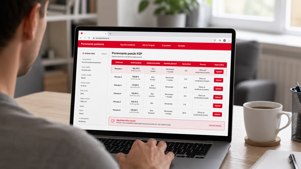 Porovnanie PZP na Europoistenie.sk — najvýhodnejšie ponuky na jednom mieste Osoba porovnáva ponuky PZP na portáli Europoistenie.sk v online kalkulačke na notebooku